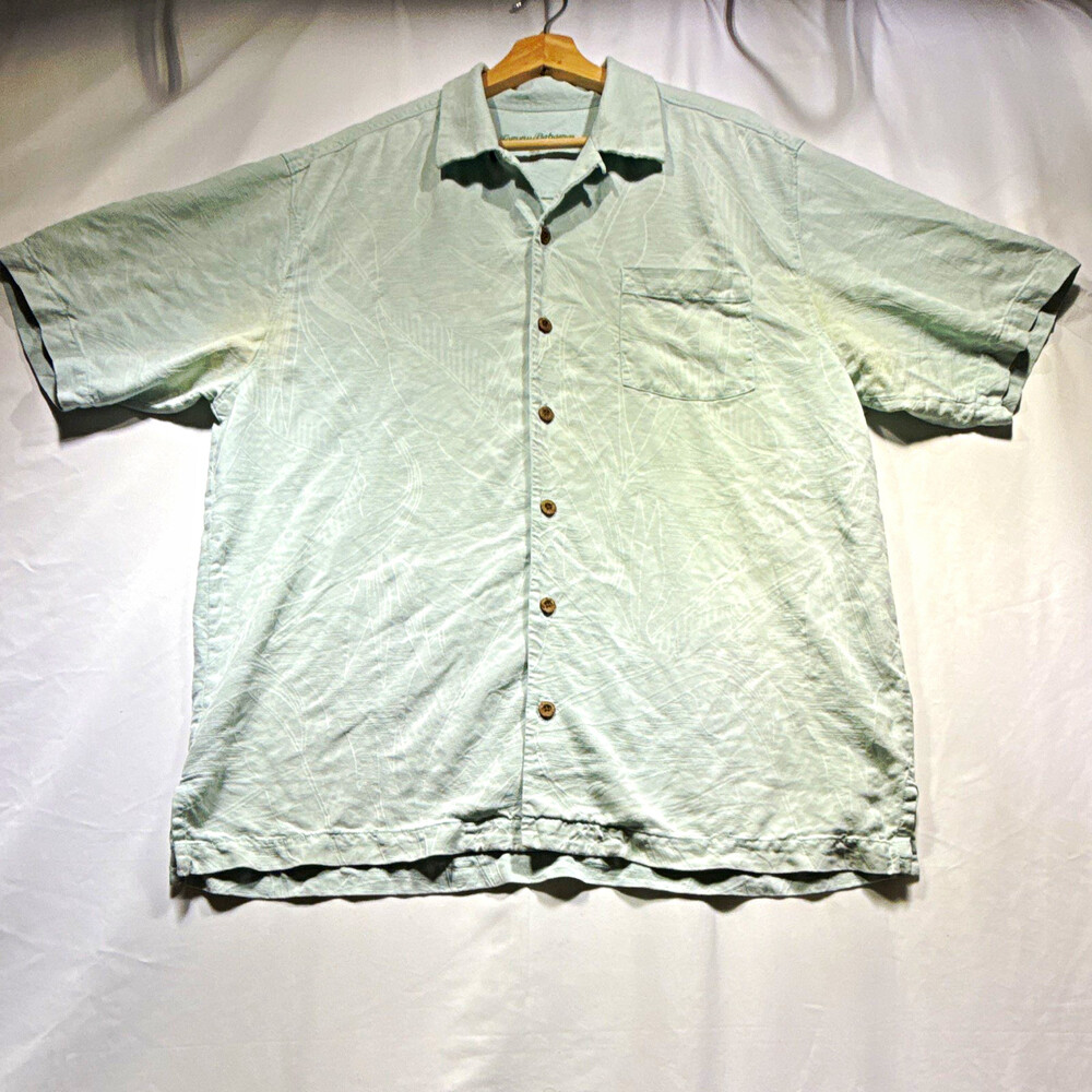 Men's Green Floral Woven Button-Up Shirt Spread Collar Short Sleeve Pockets L/G